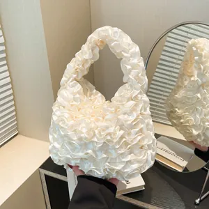 Fashion Women Pleated Ruffle Handbag Soft Satin Solid Color Hobo Tote Bag For Daily Streetwear Party