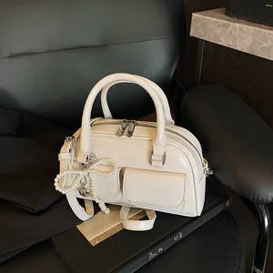 Women's PU Leather Boston Bag Korean Style Small Bowling Handbag With Artificial Pearl Bow Pendant Dual Front Pockets Crossbody Bag