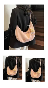 Détail du grand sac besace en toile avec broderie de chat et breloque ours en peluche
