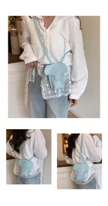 Detailed views of elephant-shaped leather mini crossbody bag in light blue with strap