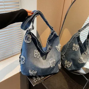Retro Washed Denim Large Capacity Tote Bag Frayed Letter Patch Hobo Shoulder Bag For Women Daily Casual Streetwear Bag