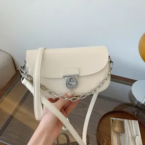 Μόδα Γυναικεία Τσάντα Χιαστί από Δέρμα PU Μινιμαλιστική Τσάντα Ώμου Με Ασημένια Μεταλλική Αλυσίδα Διακοσμητικό Καπάκι Περιστρεφόμενη Κλειδαριά