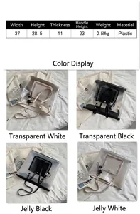 Maattabel en vier kleuropties voor de grote transparante PVC tote shopper tas