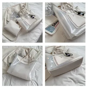 Detailed views of a transparent PVC tote bag with white inner pouch and panda charm