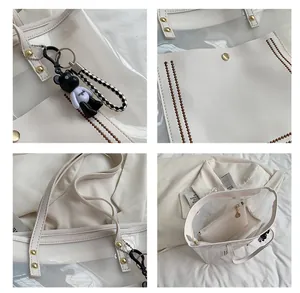 Detail view of transparent PVC tote bag with white leather trim and teddy bear charm