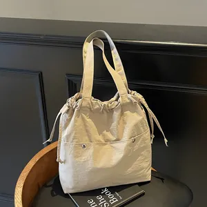 Waterproof Nylon Drawstring Tote Bag For Women Casual Multi Pocket Lightweight Shoulder Bag Fashion Handbag Travel Storage