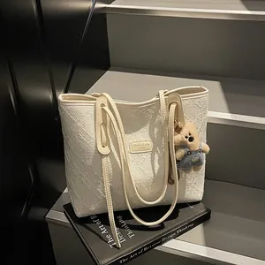 Borsa Tote da Donna Grande Capacità in Pelle PU Con Ciondolo a Orsetto di Peluche Semplice Moda Jacquard Borsa a Tracolla Scuola