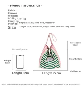 Canvas striped bag size details and weight comparison showing green and white crossbody purse