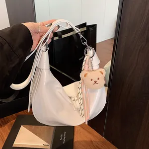 Women Fashion Crocodile Pattern PU Leather Underarm Bag Half Moon Hobo Shoulder Crossbody Bag With Bear Pendant Ribbon
