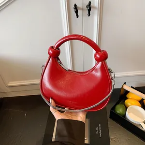 Women Half Moon Hobo Bag PU Leather Minimalist Knot Handle Shoulder Crossbody Handbag With Metal Chain Decoration Daily Party Fashion Bag