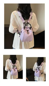 Detailed back view of a model wearing a stylish lavender nylon mini backpack bag