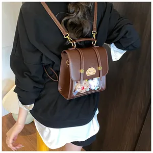Sac à dos en cuir PU marron avec fenêtre transparente et détails brodés mignons