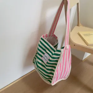 Contrast Color Striped Canvas Tote Bag Large Capacity Casual Shoulder Bag For Women With Cherish Slogan Daily Travel Handbag