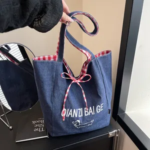 Women Casual Denim Tote Bag Large Capacity Gingham Plaid Contrast Shoulder Bag Cute Dog Letter Print Bow Decor Canvas Handbag