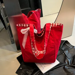 Women Canvas Tote Bag Vintage Gingham Checkered Large Capacity Shoulder Bag With White Lace Bow Decoration For Daily Commuter