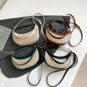 Women Fashion Straw Woven Shoulder Bag PU Leather Patchwork Moon Underarm Bag Casual Beach Vacation Hobo Handbag