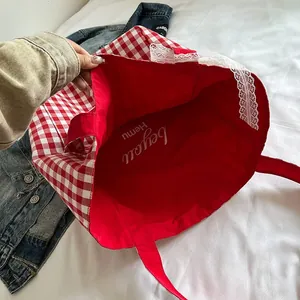 Retro red and white gingham tote bag with lace trim and cotton canvas fabric