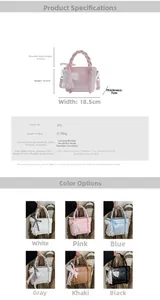 Tableau de taille du sac seau en PU montrant les dimensions 18,5x7x14,5cm et couleurs