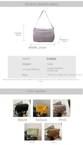 Detailed chart showing lightweight crossbody bag dimensions 25x16x13cm and color options