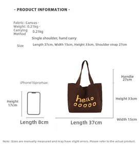 Detailed size chart for the brown canvas tote bag with dimensions and phone comparison