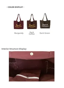 Detail view of large canvas tote bags in three colors with internal zipper pocket layout
