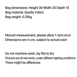 Maattabel voor rugzak: afmetingen 39x30x15cm, gewicht 0,25kg en stofspecificaties