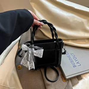 Sac Fourre-Tout à la Mode pour Femmes Avec Poignée Tressée Décoration Nœud en Dentelle Petit Sac à Bandoulière