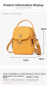 Detailed view of yellow nylon crossbody bag dimensions 15x20x10cm and multi-pocket layout