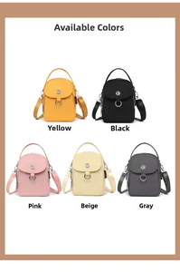 Flat lay display of nylon crossbody bags in five colors with adjustable straps