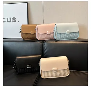 Detail showing five color variants of pleated faux leather crossbody bags with metal locks