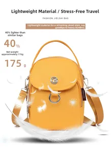 Detailed view of yellow nylon crossbody bag featuring a metal buckle and top handle