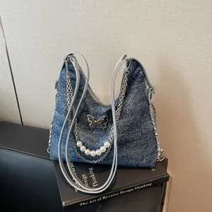 Women Denim Tote Bag Y2K Butterfly Pearl Chain Shoulder Bag Large Capacity Versatile Backpack Solid Color Washed Jeans Fabric Bag