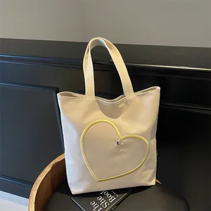 Women Casual Canvas Tote Bag Large Capacity Heart Embroidery Shopping Bag Shoulder Handbag For School Daily Work Travel