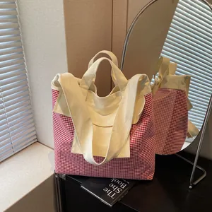 Borsa Tote in Tela di Grande Capacità per Donna Tendenza di Strada Quadri Strisce Borsa a Tracolla Casual per Studenti Borsa Commuter Shopper