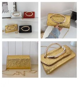 Detail of four metallic textured square clutch bags with oval C-buckles and chain straps