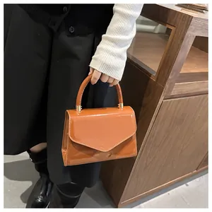 Vue détaillée de la texture en cuir verni marron brillant et des garnitures en métal doré