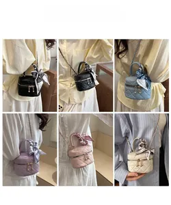 Mini quilted bucket bag set showing various colors and crossbody styling on models
