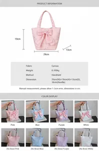 Detailed size specifications and material view of the canvas tote with bow