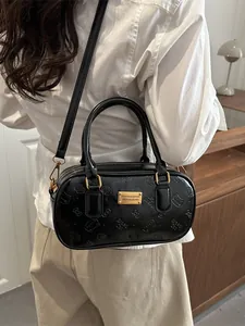 Bolso de Mano Boston de Cuero PU para Mujer con Patrón de Gato Lazo Repujado Bolso Bandolera con Placa Metálica Ajustable