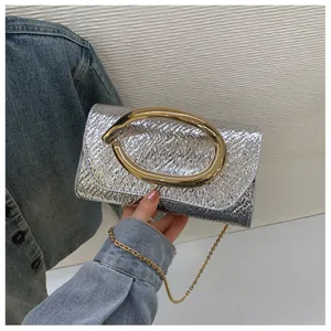 Macro view of silver snake-pattern handbag with gold metal handle and chain strap