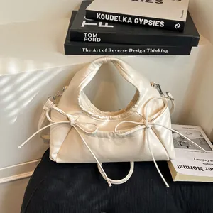 Fashion Korean PU Leather Women Tote Bag With Ribbon Bows Ruched Handle Large Capacity Shoulder Crossbody Bag For Daily Office