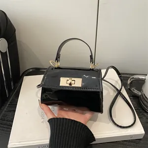Women Stylish Mini Patent Leather Handbag With Gold Turn Lock Glossy PU Crossbody Purse Vintage Top Handle Bag For Ladies