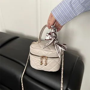 Women Mini Quilted PU Leather Crossbody Bag Fashion Vanity Case With Satin Scarf Handle Metal Chain Shoulder Bag