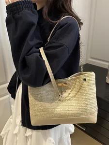 Sac Fourre-Tout à la Mode pour Femmes en Paille Tissée Avec Pendentif Cerf Doré Bandoulière Chaîne Grande Capacité Urbain Décontracté Sac à Épaule d'Été