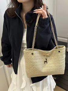 Sac fourre-tout en paille avec pendentif cerf, poignée en chaîne et base en cuir PU