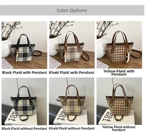 Detailed grid of grid-patterned bucket bags in black, khaki, and blue-yellow colors