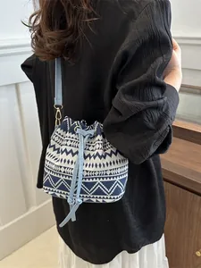 Ethnic Style Vintage Women Bucket Bag Embroidery Floral Geometric Drawstring Shoulder Bag Adjustable PU Leather Strap
