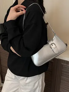 Women Fashion PU Leather Underarm Shoulder Bag With Metal Buckle Minimalist Solid Color Commuter Handbag For Ladies