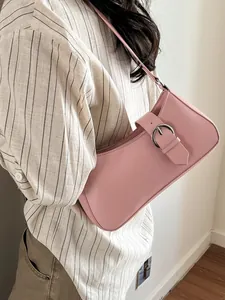 Pink minimalist PU leather shoulder bag for women with silver buckle detail on strap
