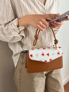 Petit sac bandoulière avec imprimés cerises et poignées en cuir marron pour femmes